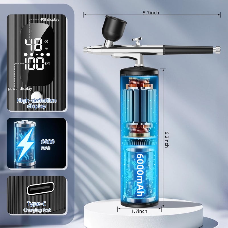 INVIMENT Airbrush Kit with Compressor - 48PSI High Pressure, Non-Clogging Air Brush Set, 6000 mAh Extra Long Standby, Ideal for Painting, Modeling, Cake Decorating, Pastry, Makeup and Nail Art - Image 2